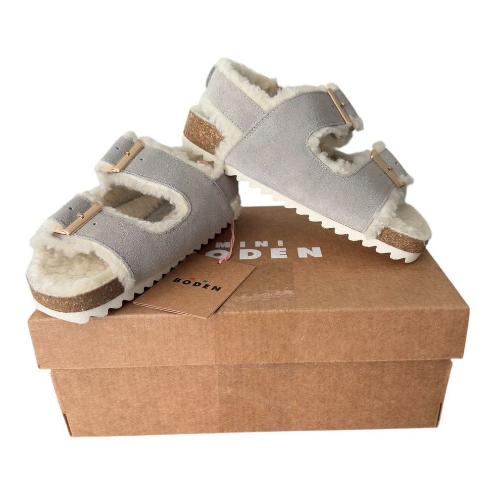 Mini Boden Kids Suede Fuzzy Sandals EU 27 US 10 Gray Faux Fur Cork Slides